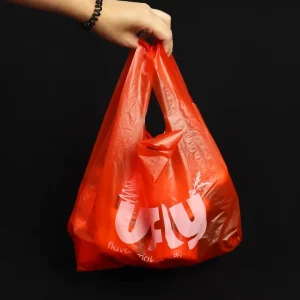 Customized Supermarket Red HDPE Vest Handle T Shirt Plastic Bag with Thank You Print for Grocery Shopping and Exhibitions