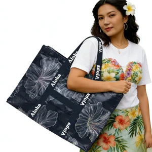 Customized Supermarket Shopping Bags Recyclable Waterproof Woven PP Large-size Tote Bags Gift Bags Polynesian Hibiscus