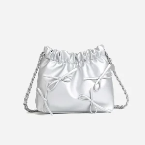 Cute Chain Shoulder Strap Bow Gril Single Shoulder Bag Spring New Lady Crossbody Bag Silver Large Capacity PU Women Handbag