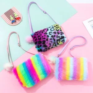 Cute Colorful Rainbow Fur Kids Shoulder Coin Pouch Zipper Plush Crossbody Bag for Girls