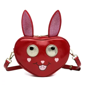 Cute Red Heart shaped Crossbody Bag with Rabbit Ear Accents Mini Shoulder Bag with Sparkling Rhinestone Rabbit Ears Clutch