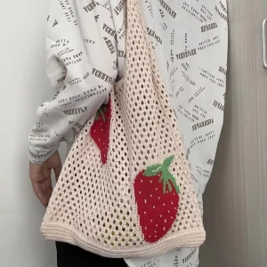 Cute Strawberry Knitted Women’s Tote Bag Large Capacity Crochet Travel Beach Shoulder Bag Hollow Woven Knitting Style