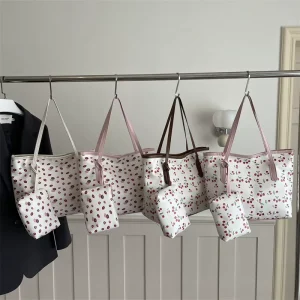 Cute Sweet Printed PU Tote Bag Women’s Large Capacity Zipper Closure New Style Artistic Class Shoulder Bag