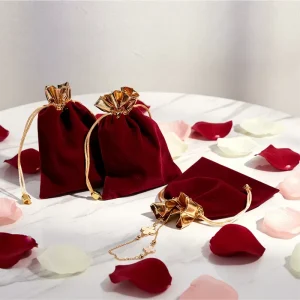 DEQI Factory Custom Luxury Cherry Red Gold-edge Drawstring Pouches Luxury Velvet Pouches Customized Jewelry Pouch Bag Gift Bag
