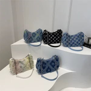 Denim Shoulder Bags for Wome Checkerboard Crossbody Fashion Bags Brand Bag Underarm HandBag with Zipper