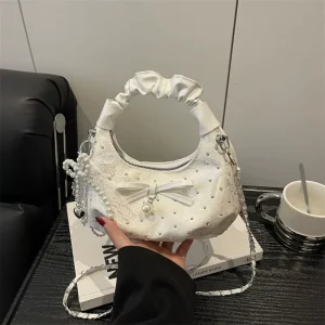 Diamond Bow New Style Western Chain Pleated Dumplings Zipper Closure Nylon Single Shoulder Hand Carry Crossbody Bag Women
