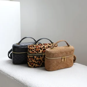 Diamond Pattern Cowhide Box Phone Bag Horsehair Lunch Bag High-end Single Shoulder Crossbody Sheep Suede Zipper Small Square Bag