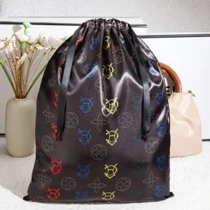 Digital Printed Black Satin Gift Bag for Wedding Party Favor Customized Luxury Silk Satin Shoe Hair Extension Dust Bag