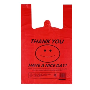 Disposable Durable T Shirt Bag with Gravure Printing Red for PE Plastic Packaging Bag for Supermarket Food Tote Bags From China