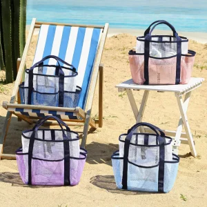 Double Layer Beach Bag for Family Travel Large Capacity with Mesh Pocket Waterproof Tote Bag for Swim & Holiday