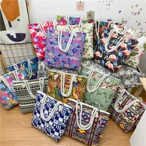 Double-sided Printed Bohemian Waterproof Chains Shoulder Tote Bag Fashion Women Canvas Zipper Closure Large Capacity