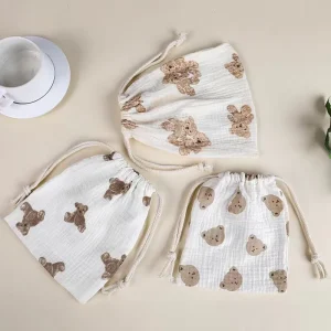 Drawstring Storage Bag 22*16 CM Muslin Cotton Drawstring Bag Cute Printing Drawstring Gift Bag