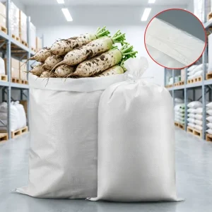 Drawstring Woven Sack for Fresh Vegetables White Heavy Duty Bag with Inner Liner for Radish Carrot Storage