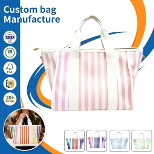 Durable Canvas Bag Colorful Striped Pattern Custom Print Medium Crossbody Tote Shopping Bag With Zipper Closure For Beach