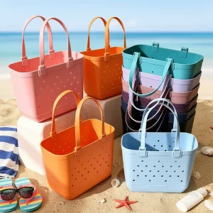 Durable Soft EVA Rubber Silicone Solid Color Open Tote Bag Large Capacity Waterproof Beach Bag for Women’s Daily Use Fashion