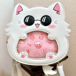 Durable Waterproof Ita Crossbody Bag White Cat Head Shape Removable Insert Board Plush Doll Display Shoulder