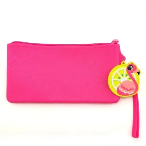 Easy Carry Lightweight Pink Glitter Silicone Zipper Closure 200x105mm Flamingo Cellphone Purse & Cosmetic Bag