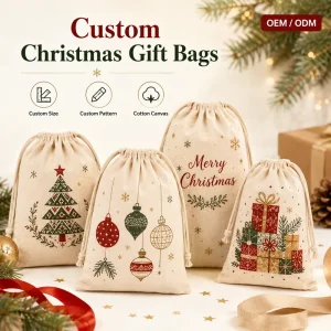 Eco Friendly Custom Logo Christmas Natural Cotton Drawstring Pouch Durable Candy Dust Canvas Drawstring Bags