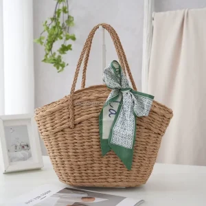 Eco-Friendly Durable Handmade Straw Woven Camel Paper Rope Handbag Dual Handle Travel Beach Bag for Women Girls