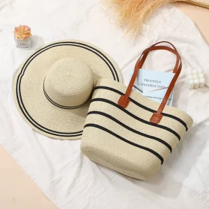 Eco Friendly Large Capacity Lightweight Breathable Straw Bag with Open Closure and Polyester Lining for Women Beach Vacation