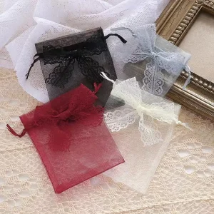 Eco Friendly Lightweight Colorful Drawstring Bow Tie Organza Pouch Custom Logo Print 8x12cm Rectangle Cute Style for Jewelry