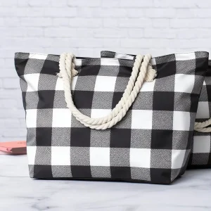 Eco Friendly Personalized Canvas Plaid Portable Large Capacity Outdoor Travel Tote Bag Girls