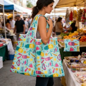 Eco Friendly Recycled Foldable Reusable Polyester Tote Bag with Custom Printing for Storage & Travel Shopping Extra Large Size