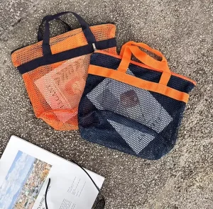 Eco Friendly Reusable Custom Logo Nylon Mesh Tote Bag Net Mesh Shoulder Bag with Zipper Portable Beach Bag for Women Vacation