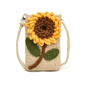 Eco Friendly Sunflower Woven Bag Rose Flower Crossbody Shoulder Bag Boho Phone Bag Vacation Travel Pouch Bag Bolsa De Paja