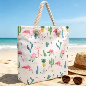 Eco Oversized Canvas Beach Bag with Rope Handle and Tropical Print for Women Summer Vacation Sand proof Tote Pool Bag