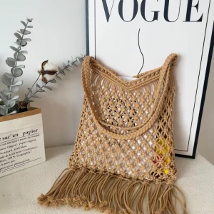 Eco friendly Handmade Bag Fashion Cotton Rope Hollow Out Crochet Bag Luxury Beach Bags Large Capacity Shoulder Bag