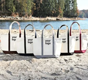 Eco-friendly Printed Reusable Beach Tote Bag Natural Style Canvas Medium Size Boat Design for Vacation