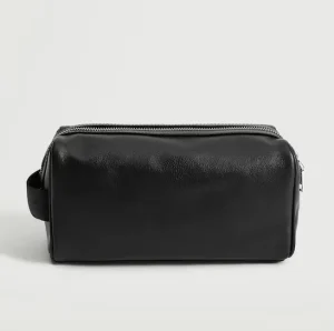 Elegant Black Vegan PU Leather Makeup Bag Custom Travel Cosmetic Bag with Zipper and Handle for Men