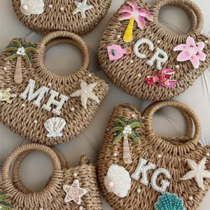 Elegant Ladies Woven Straw Rattan Summer Beach Vacation Boho Chic Shopper Basket Custom Crochet Knit Mini Size Tote Bag