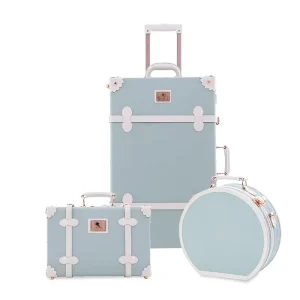 Embossed Blue Vintage 3 Piece Suitcase Set 26″+20″+13″ Women’s Cute Carry On Luggage with Hat Box & Cosmetic Case for Travel