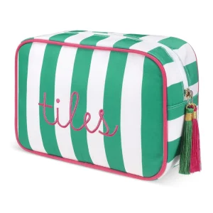 Embroidered Multifunctional Bag for Mahjong Tiles Green Stripes Vertical Polyester Pouch with Decorative Tassel Zipper