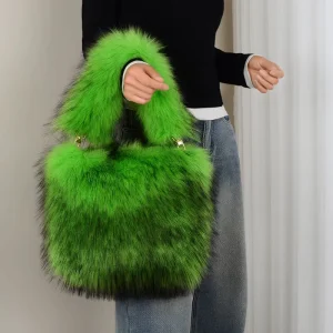 European & American Style Slim Faux Raccoon Fur Plush Handbag Zipper Closure Women’s High End Faux Fur Tote Bag Large Capacity