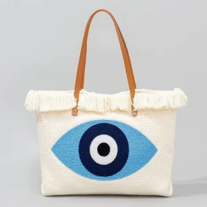 Evil Eyes Towel Embroidery Handbag European and American Should Bag Beach Street Fringe Large Capacity Canvas Tote Bag