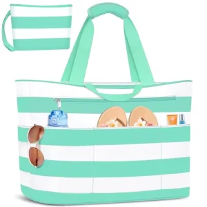 Extra Large Memory Cloth Beach Bags Waterproof Beach Tote Bag Women Zipper Foldable Swim Pool Bag Wet Pocket