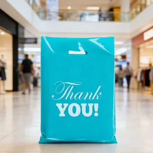 Extra Thick Glossy Die Cut Plastic Shopping Bags with Handles & Thank You Logo for Retail Boutique Merchandise Gifts Trade Shows