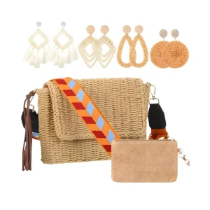 FSP216 1set Straw Clutch Purse for Women Rattan Earrings Set Summer Beach Straw Bag Boho Handbag Woven Wallet for Girl Vacation