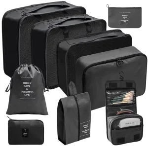 Factory 9pcs Set Wash and Makeup Bag Waterproof Clothes Packing Luggage Organizer Cubes Travel Storage Bags Set
