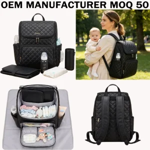 Factory Custom Black Quilted PU Leather Mommy Bag OEM ODM Durable Diaper Backpack with Baby Changing Mat and Bottle Holder