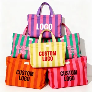 Factory Custom Logo Eco Friendly Large Summer Beach Gift Pink Green Stripe Canvas Tote Bag for Women Shopping