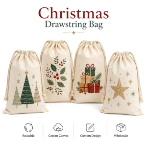 Factory Custom Logo Small Large Reusable Pouch Eco Friendly Recycled Christmas Festive Dust Cotton Canvas Drawstring Bag