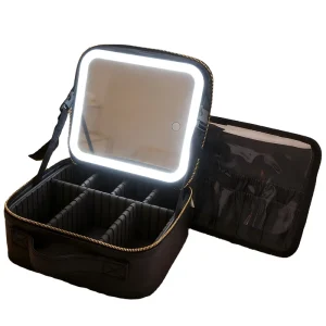 Factory Direct LED Makeup Mirror Bag 3 Color Dimmable Light Waterproof PU Leather Adjustable Compartments OEM ODM Accepted
