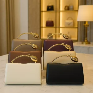 Factory Lady Fashion Vintage High Quality PU Handbag Women Luxury Geometry Pattern Metal Flower Bud Handle Clutch