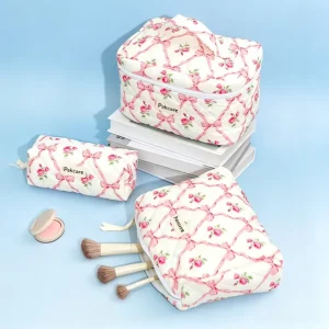 Factory processed Customizable logo Printed Floral Jacquard Makeup Bags, Portable and Soft Cotton Feel Travel Storage