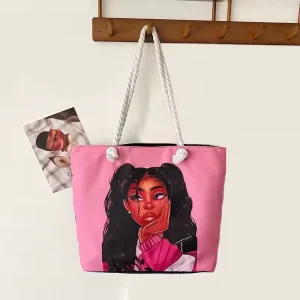 Fashion African Girls Printed Sublimation Tote Bags Women Portable Handbags Linen Thick Rope Beach Travel Shoulder Bag