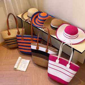 Fashion Beach Bag Hat Set New Trend Straw Bucket Shoulder Tote Bag Zipper Women Travel Beach Bags